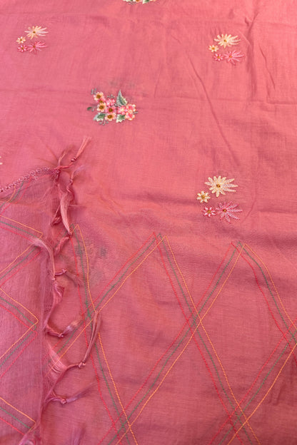 Flamingo Hand Embroidered Pink Mul Cotton Unstitched Suit Set With Multi Thead Placket Detailing