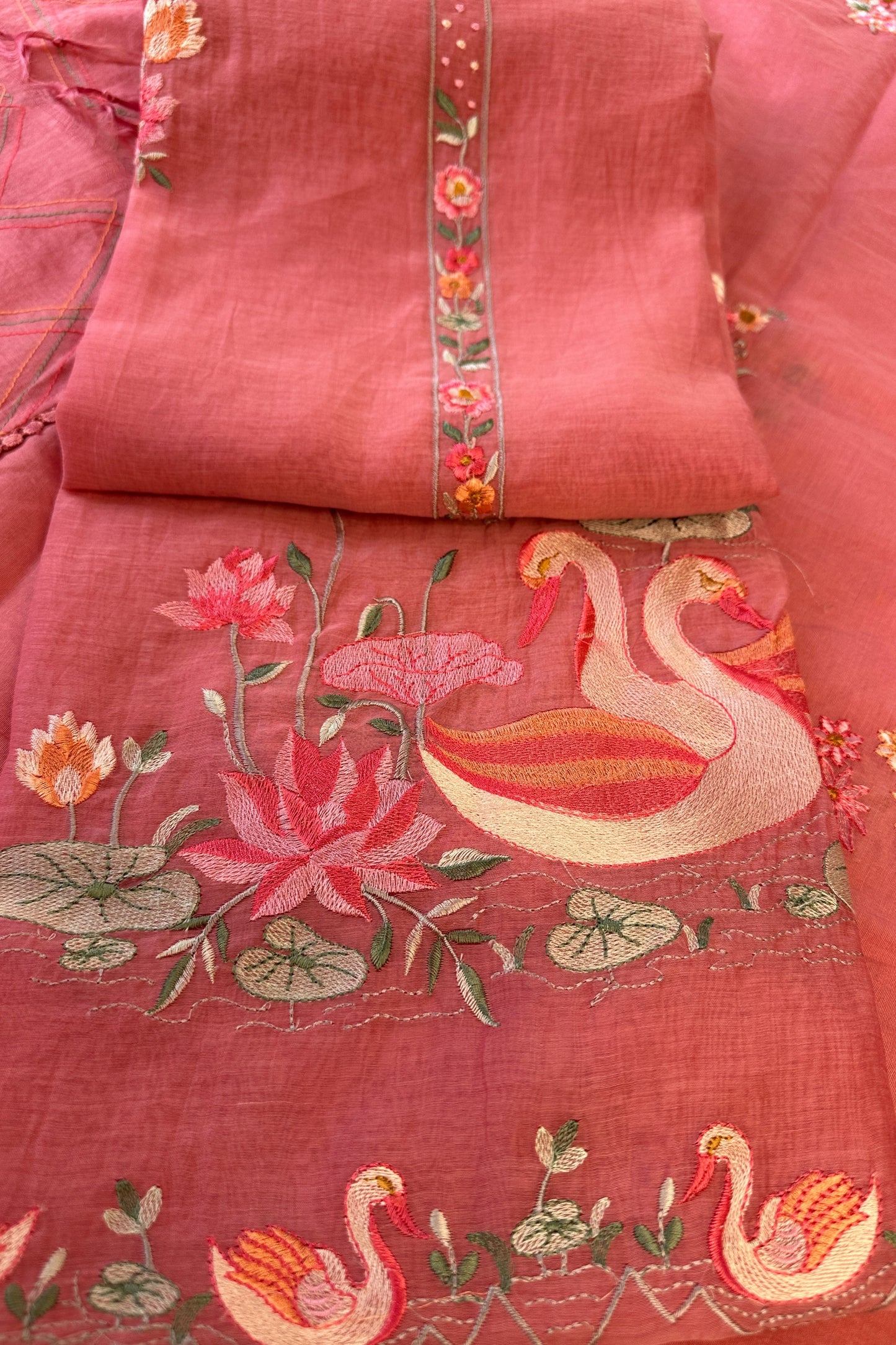 Flamingo Hand Embroidered Pink Mul Cotton Unstitched Suit Set With Multi Thead Placket Detailing