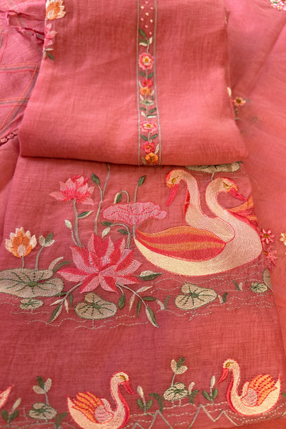 Flamingo Hand Embroidered Pink Mul Cotton Unstitched Suit Set With Multi Thead Placket Detailing