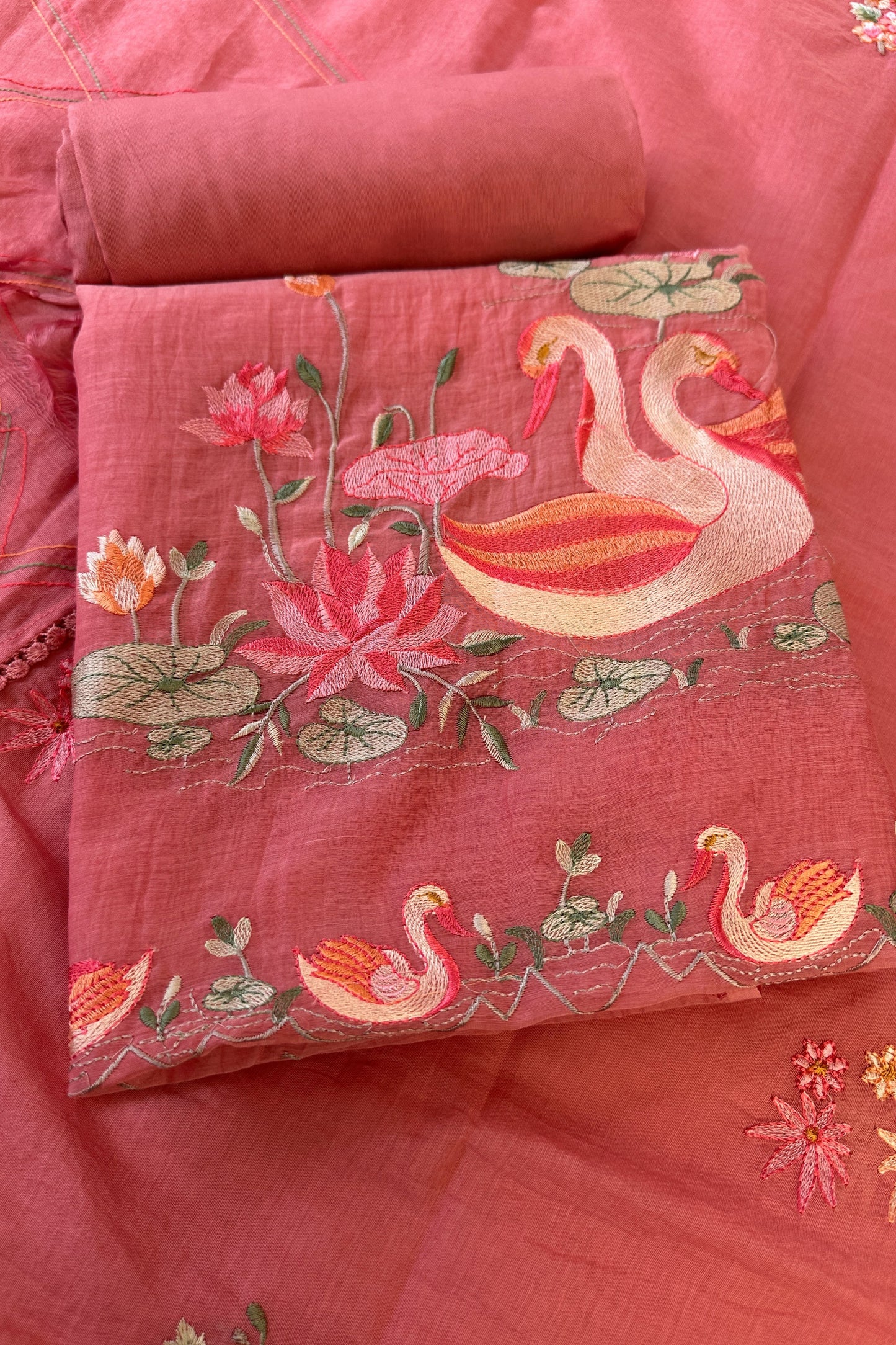 Flamingo Hand Embroidered Pink Mul Cotton Unstitched Suit Set With Multi Thead Placket Detailing