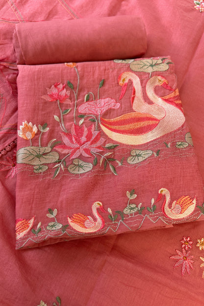 Flamingo Hand Embroidered Pink Mul Cotton Unstitched Suit Set With Multi Thead Placket Detailing