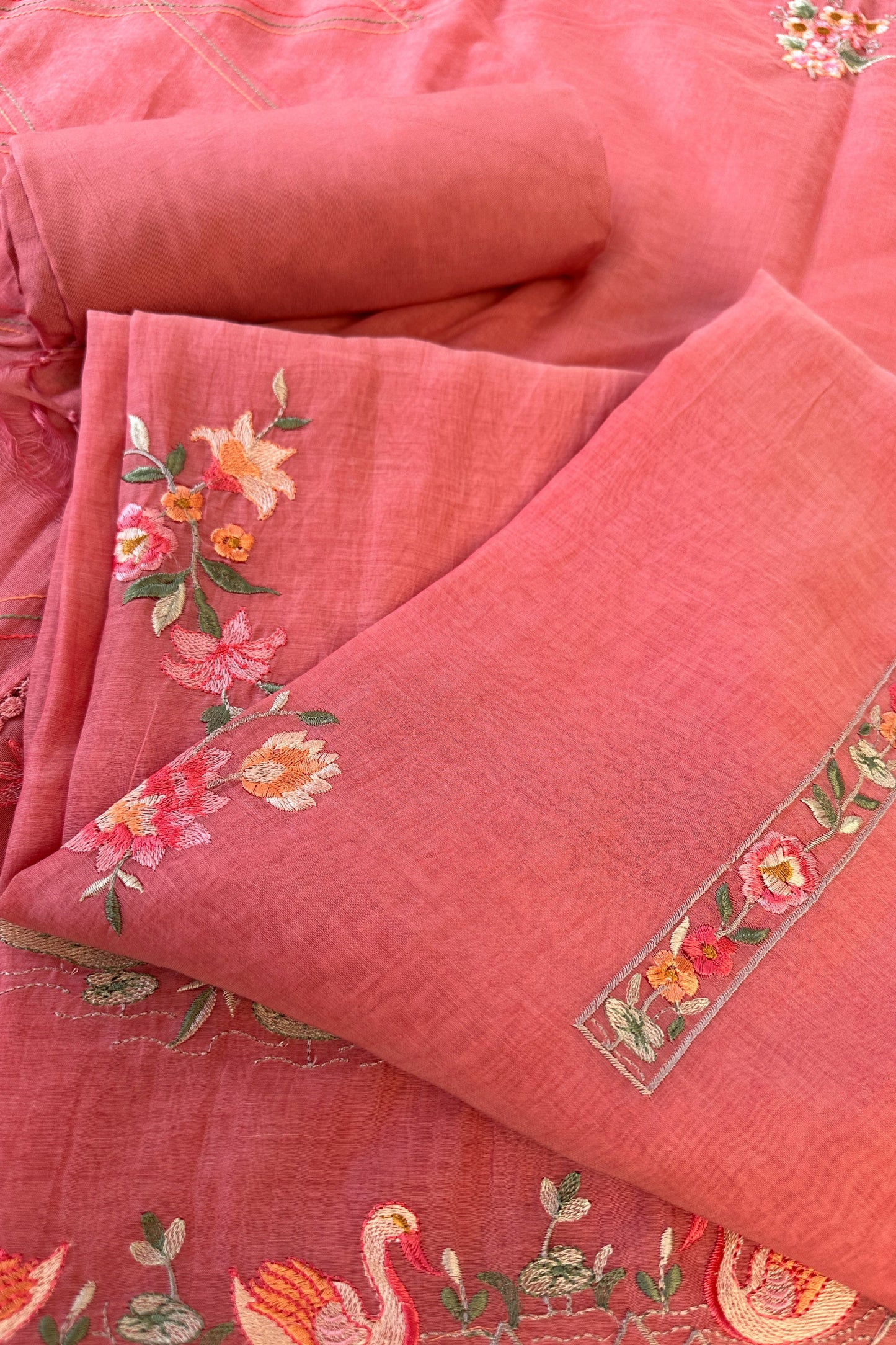 Flamingo Hand Embroidered Pink Mul Cotton Unstitched Suit Set With Multi Thead Placket Detailing