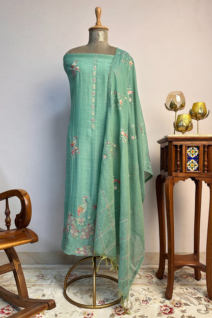 Flamingo Hand Embroidered Sea Green Mul Cotton Unstitched Suit Set With Multi Thread Placket Detailing