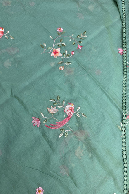 Flamingo Hand Embroidered Sea Green Mul Cotton Unstitched Suit Set With Multi Thread Placket Detailing