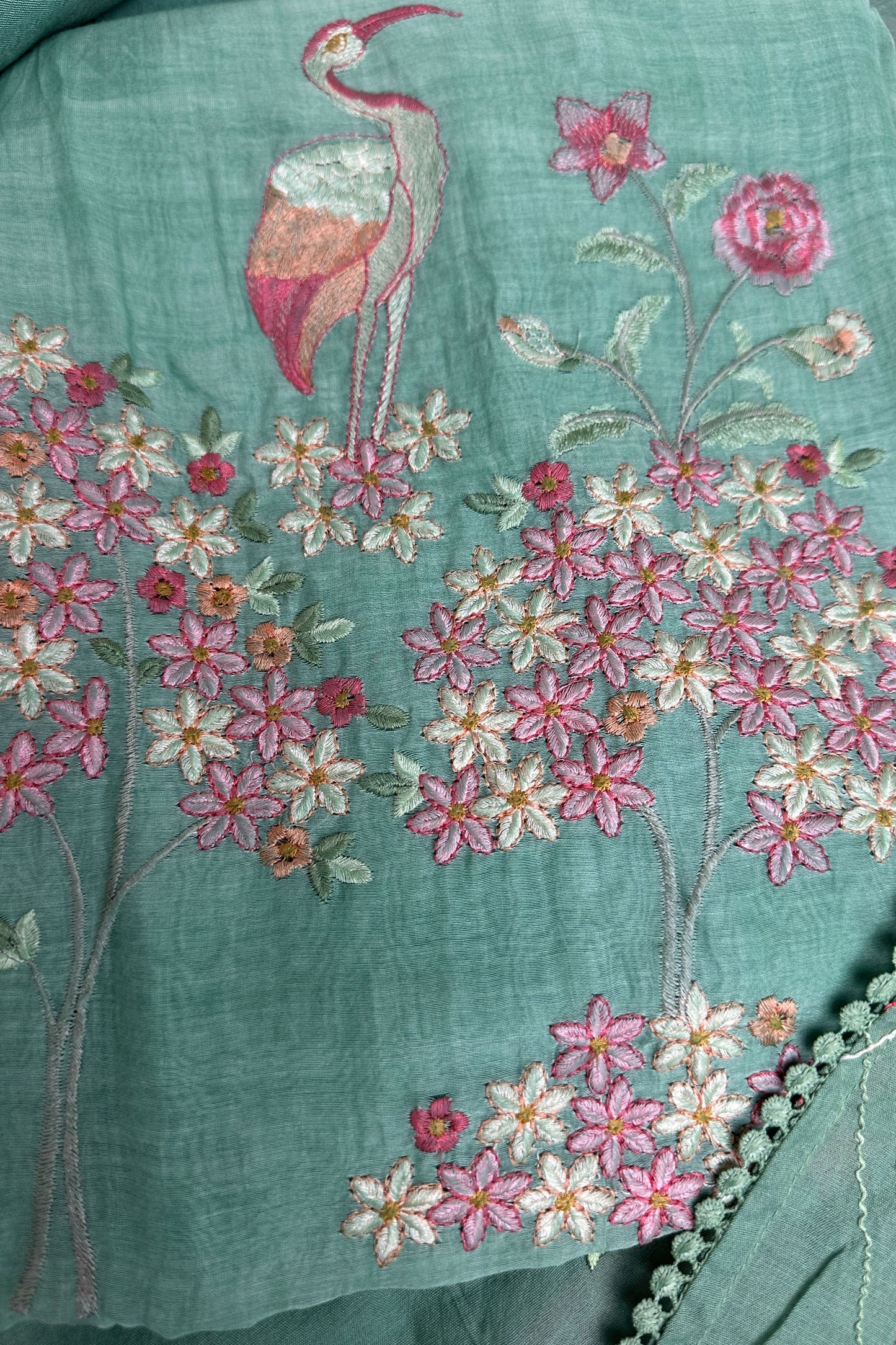 Flamingo Hand Embroidered Sea Green Mul Cotton Unstitched Suit Set With Multi Thread Placket Detailing