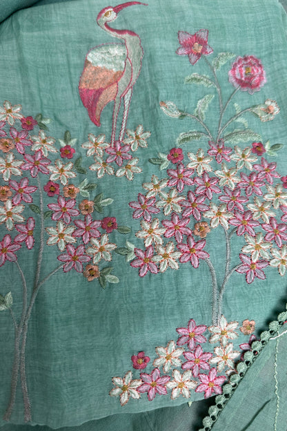Flamingo Hand Embroidered Sea Green Mul Cotton Unstitched Suit Set With Multi Thread Placket Detailing