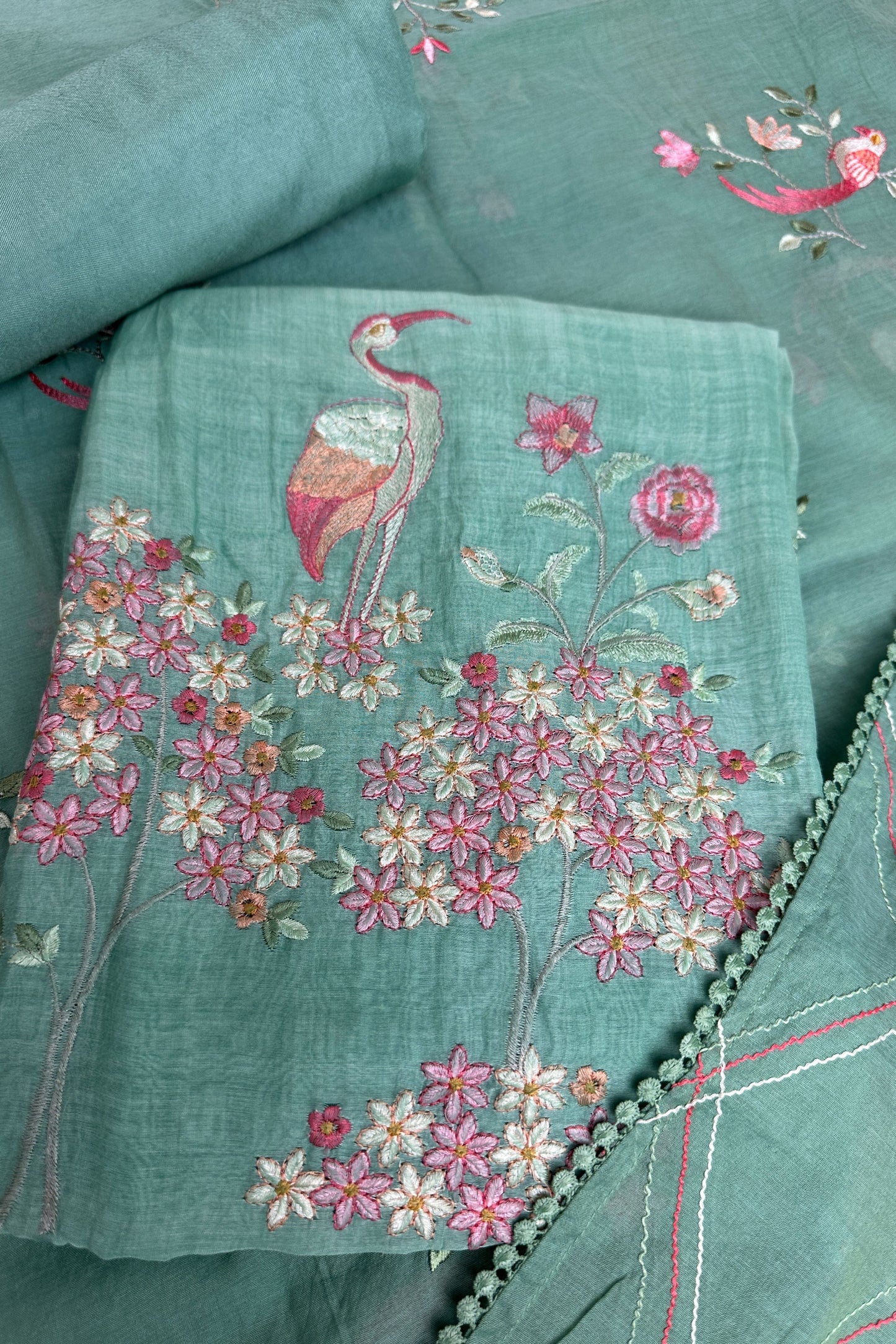 Flamingo Hand Embroidered Sea Green Mul Cotton Unstitched Suit Set With Multi Thread Placket Detailing