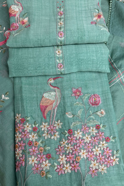 Flamingo Hand Embroidered Sea Green Mul Cotton Unstitched Suit Set With Multi Thread Placket Detailing