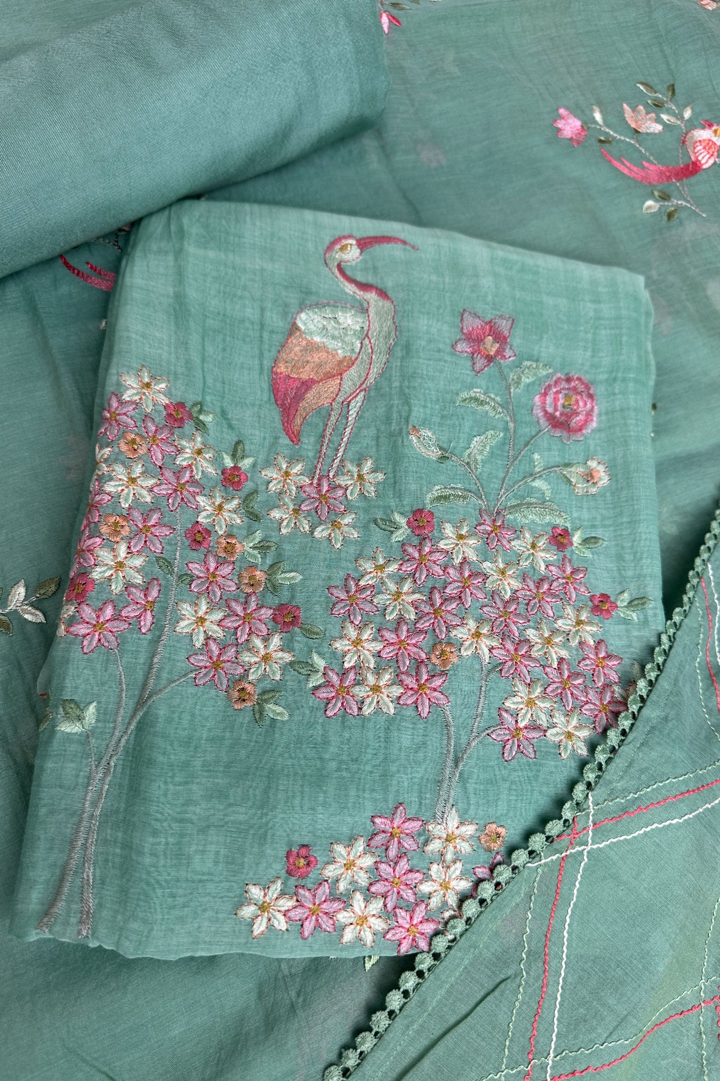 Flamingo Hand Embroidered Sea Green Mul Cotton Unstitched Suit Set With Multi Thread Placket Detailing