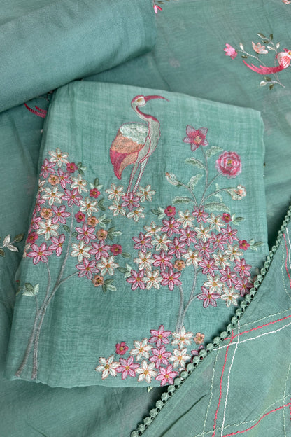 Flamingo Hand Embroidered Sea Green Mul Cotton Unstitched Suit Set With Multi Thread Placket Detailing