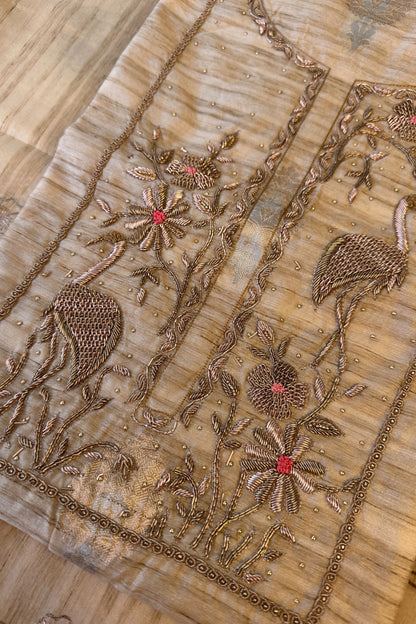 Flamingo Tussar Zardozi Hand Embroidered Unstitched Suit Set