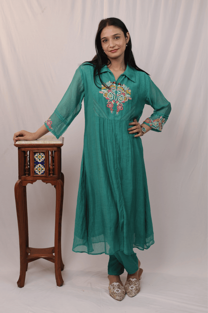 French knot multicolour embroidered mulchanderi Co-ord set