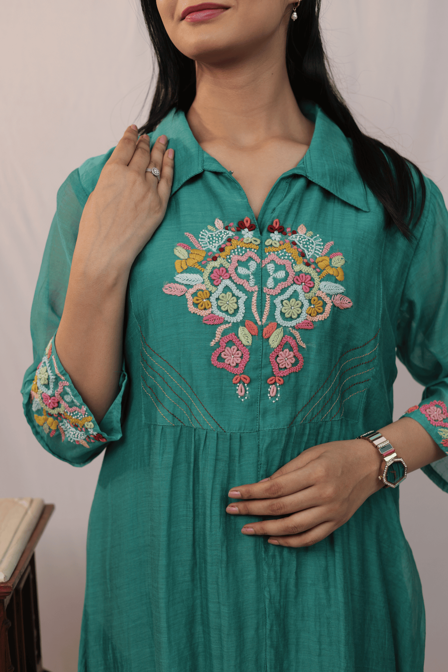 French knot multicolour embroidered mulchanderi Co-ord set