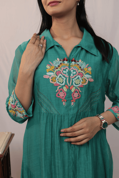 French knot multicolour embroidered mulchanderi Co-ord set