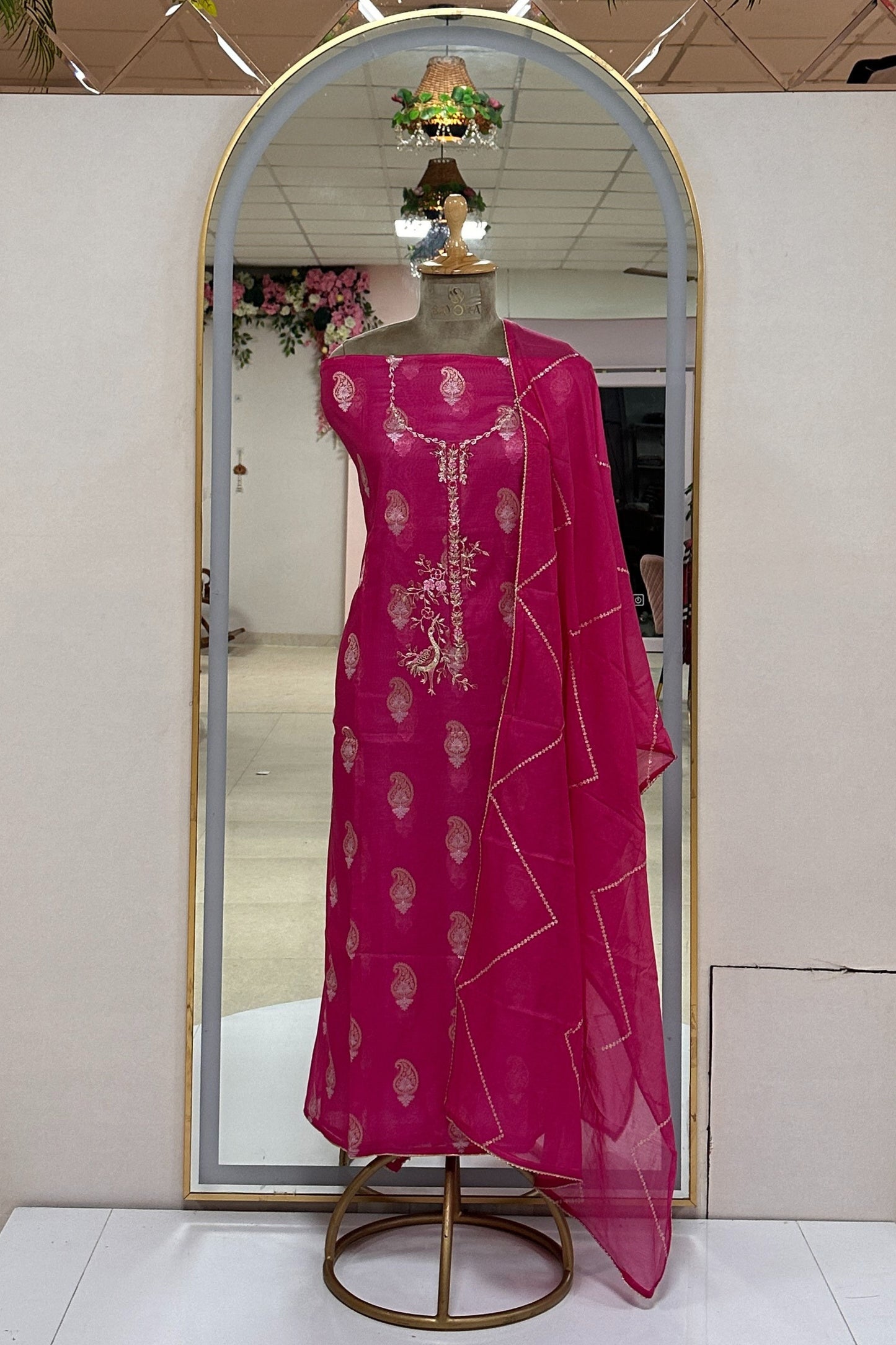 70 gm Chanderi Rani Pink Hand Embroidered  Unstitched Suit Set