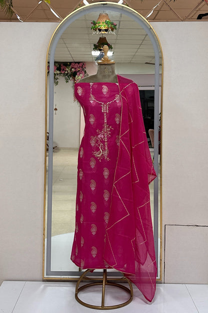 70 gm Chanderi Rani Pink Hand Embroidered  Unstitched Suit Set
