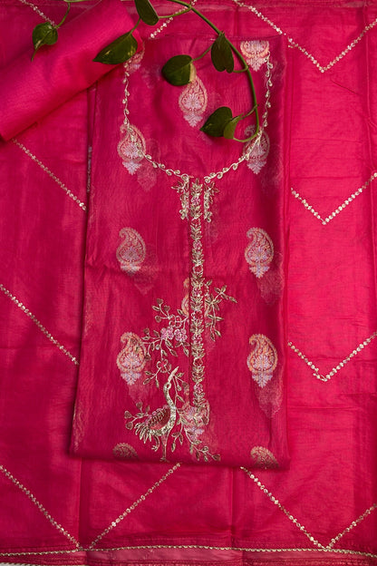 70 gm Chanderi Rani Pink Hand Embroidered  Unstitched Suit Set