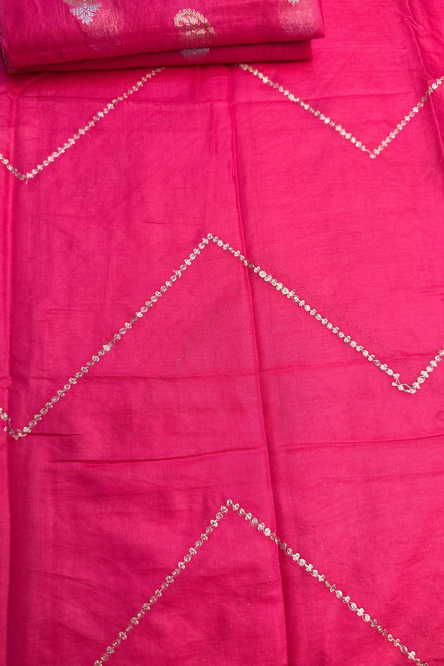 70 gm Chanderi Rani Pink Hand Embroidered  Unstitched Suit Set
