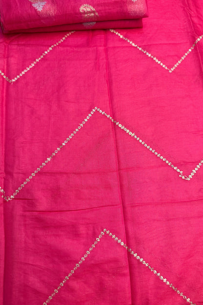 70 gm Chanderi Rani Pink Hand Embroidered  Unstitched Suit Set