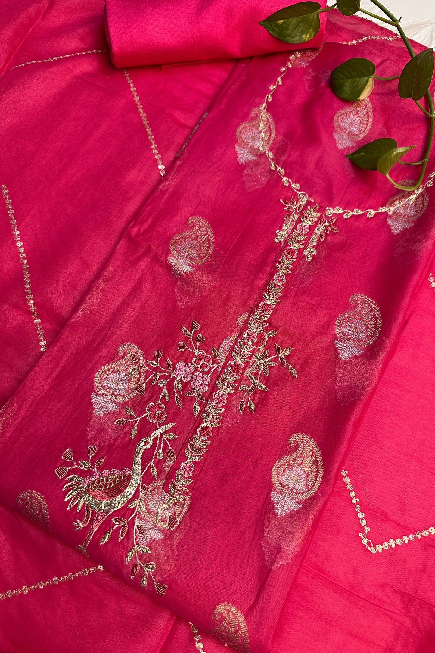 70 gm Chanderi Rani Pink Hand Embroidered  Unstitched Suit Set