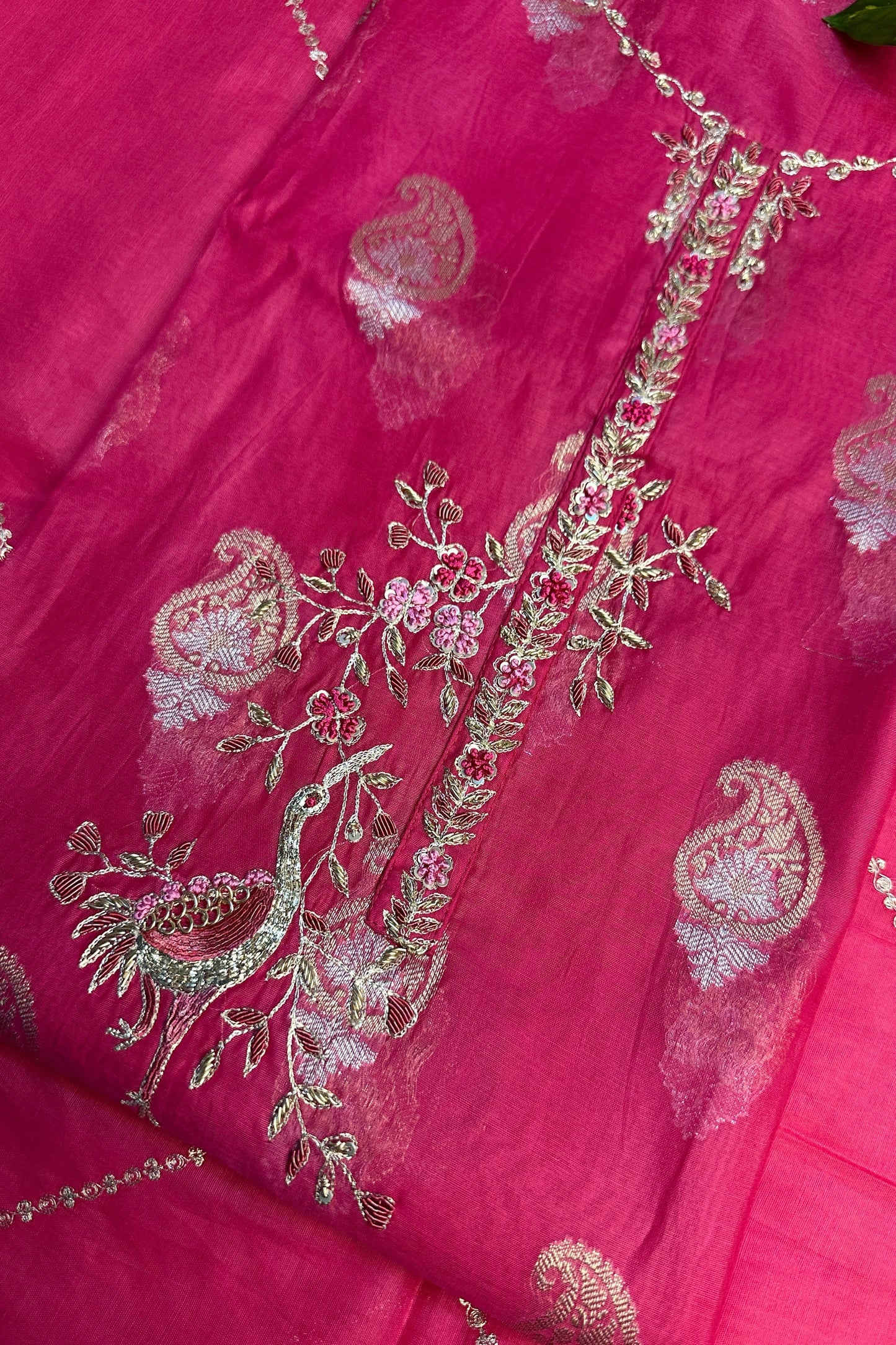 70 gm Chanderi Rani Pink Hand Embroidered  Unstitched Suit Set