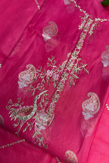 70 gm Chanderi Rani Pink Hand Embroidered  Unstitched Suit Set