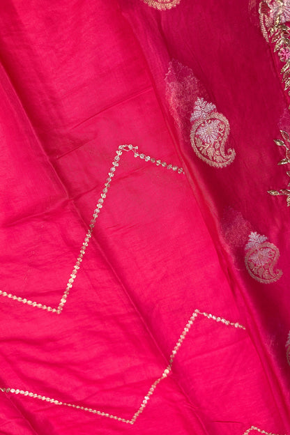 70 gm Chanderi Rani Pink Hand Embroidered  Unstitched Suit Set