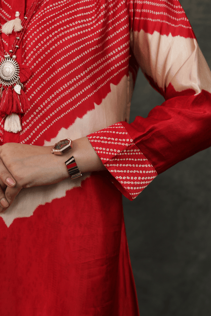 Gajji silk bandhni style designer Co-ord set (with neck accessories).