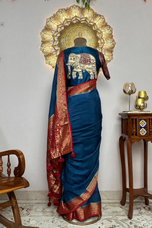 "Gajraj"Blue Crepe Silk Saree With Stitched Ajrakh Print Elephant Embroidered Blouse