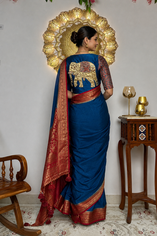 "Gajraj"Blue Crepe Silk Saree With Stitched Ajrakh Print Elephant Embroidered Blouse