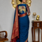 "Gajraj"Blue Crepe Silk Saree With Stitched Ajrakh Print Elephant Embroidered Blouse