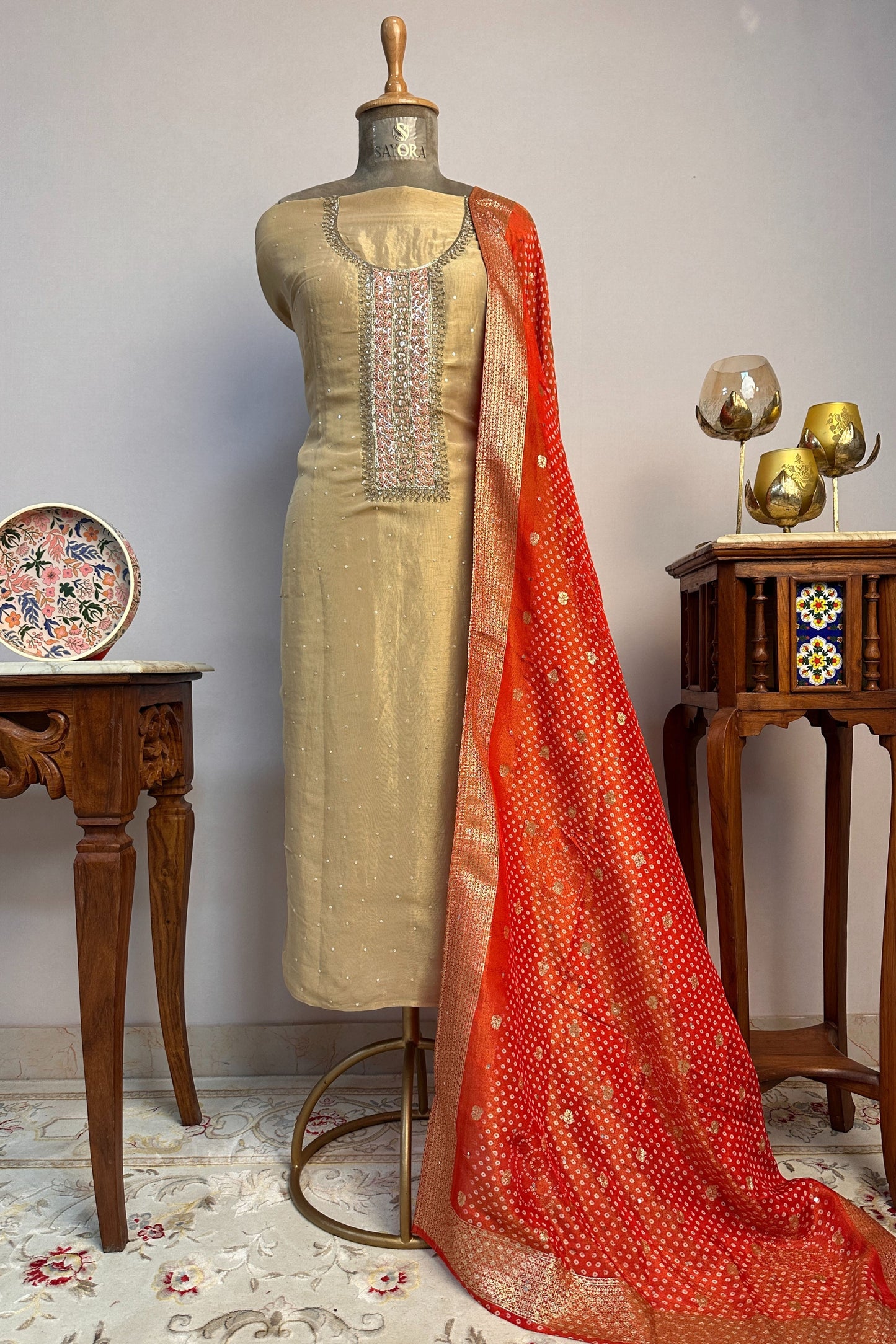 Golden Tissue embroidered Unstitched Suit Set With Bandhni Dupatta