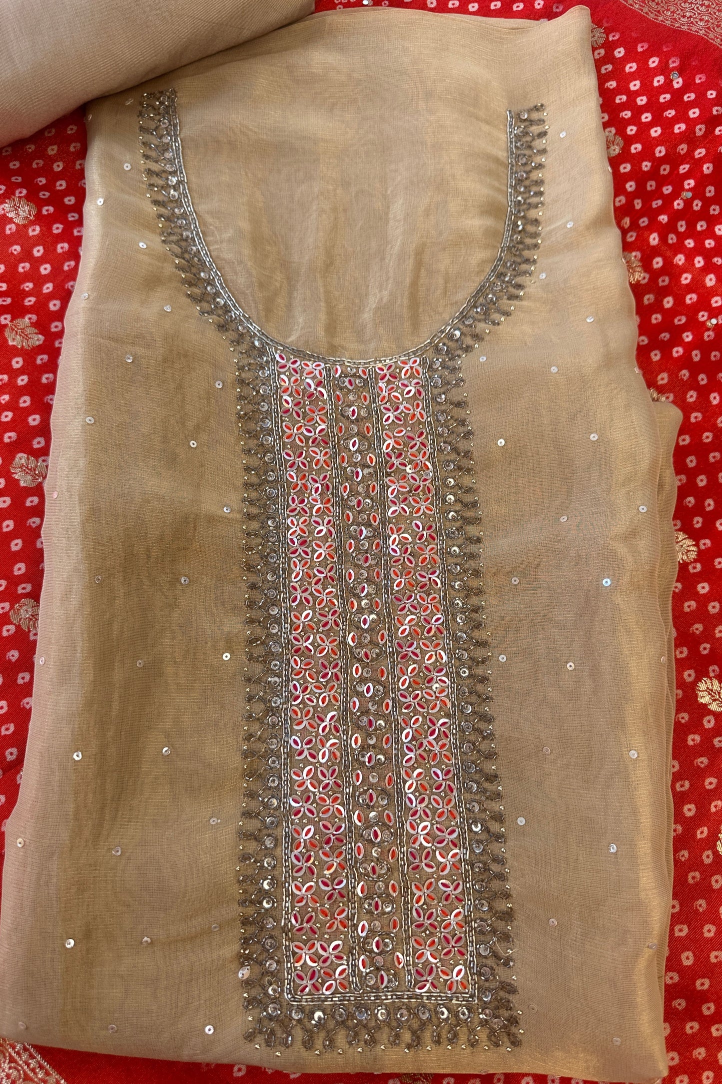 Golden Tissue embroidered Unstitched Suit Set With Bandhni Dupatta
