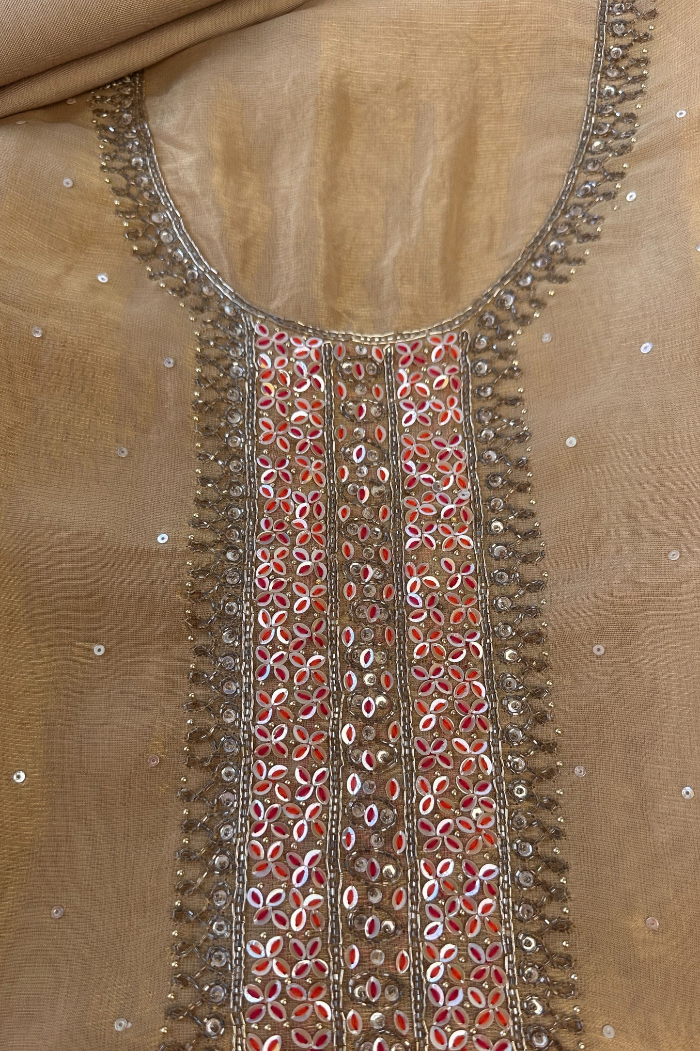 Golden Tissue embroidered Unstitched Suit Set With Bandhni Dupatta