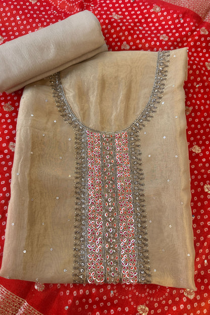Golden Tissue embroidered Unstitched Suit Set With Bandhni Dupatta