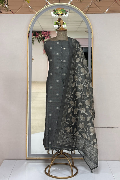 Grey Linen Tussar With Floral Printed Dupatta