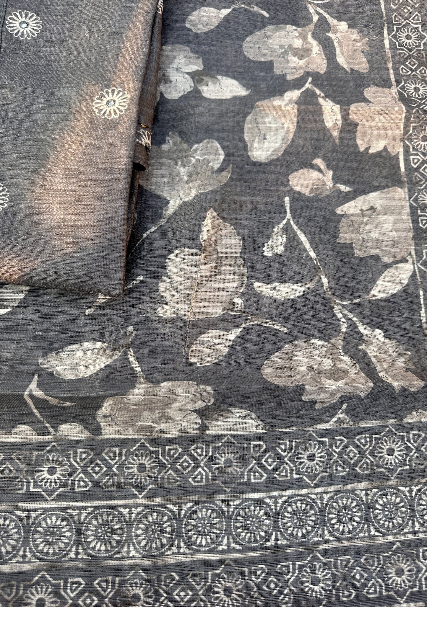 Grey Linen Tussar With Floral Printed Dupatta