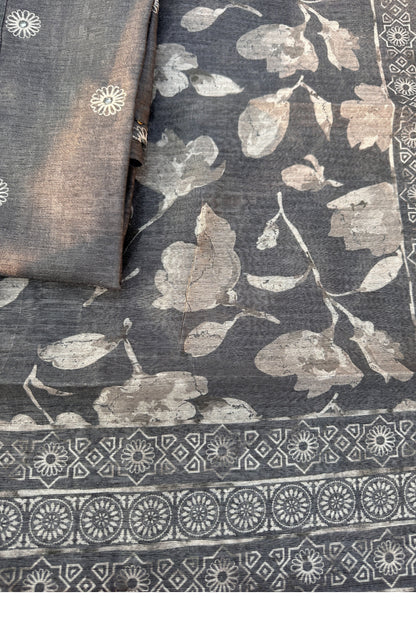 Grey Linen Tussar With Floral Printed Dupatta
