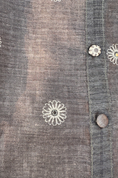 Grey Linen Tussar With Floral Printed Dupatta