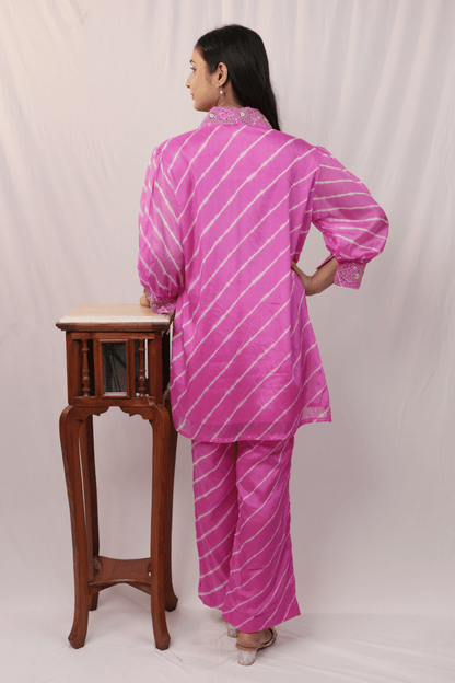 Hand embroidered pink leheriya Jaipuri Co-ord set