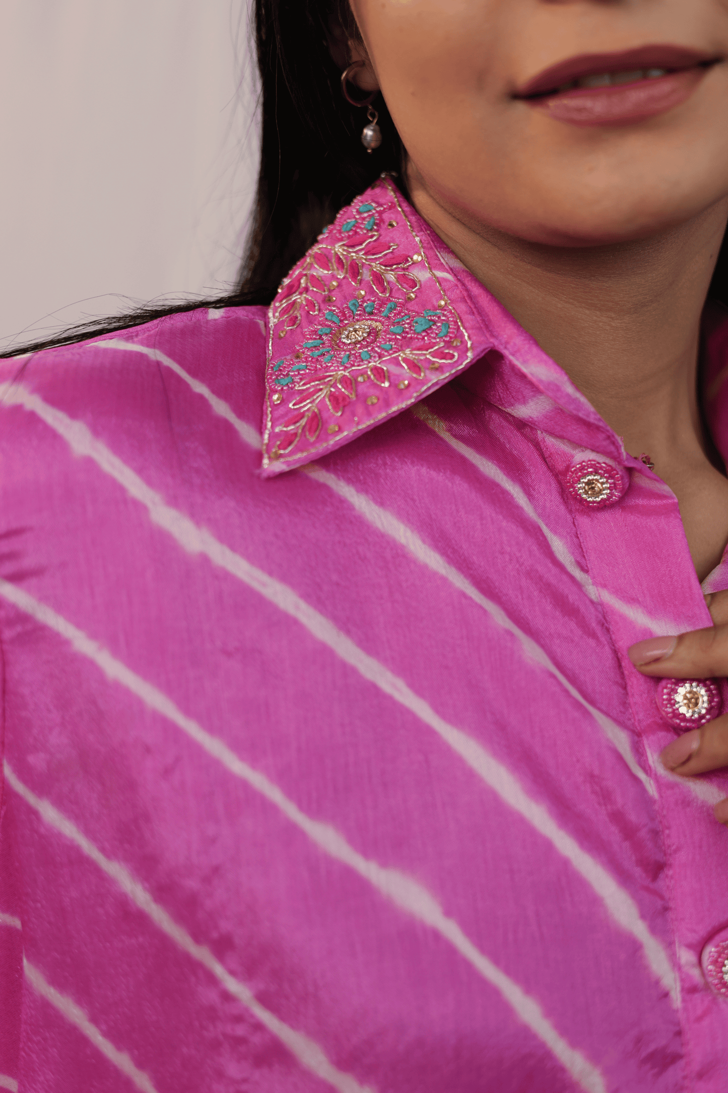 Hand embroidered pink leheriya Jaipuri Co-ord set