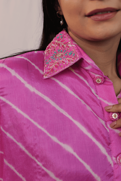 Hand embroidered pink leheriya Jaipuri Co-ord set