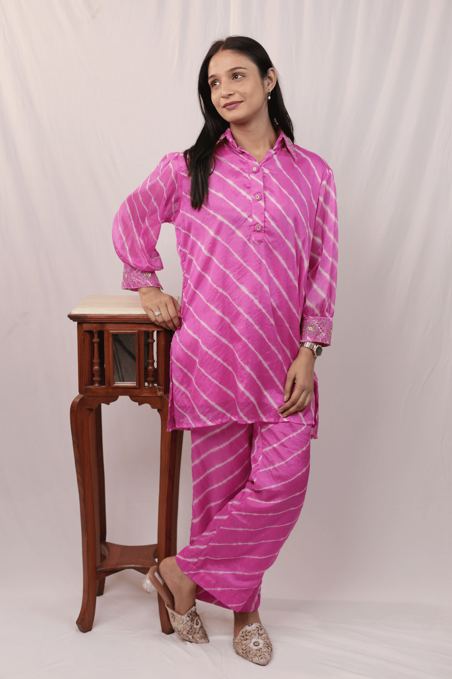 Hand embroidered pink leheriya Jaipuri Co-ord set