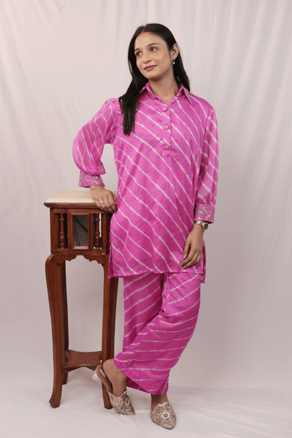 Hand embroidered pink leheriya Jaipuri Co-ord set