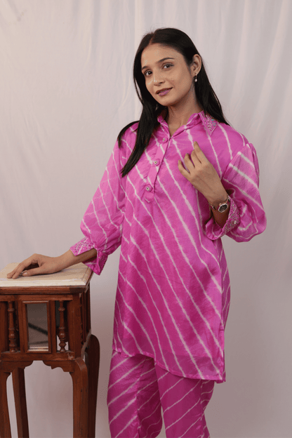Hand embroidered pink leheriya Jaipuri Co-ord set