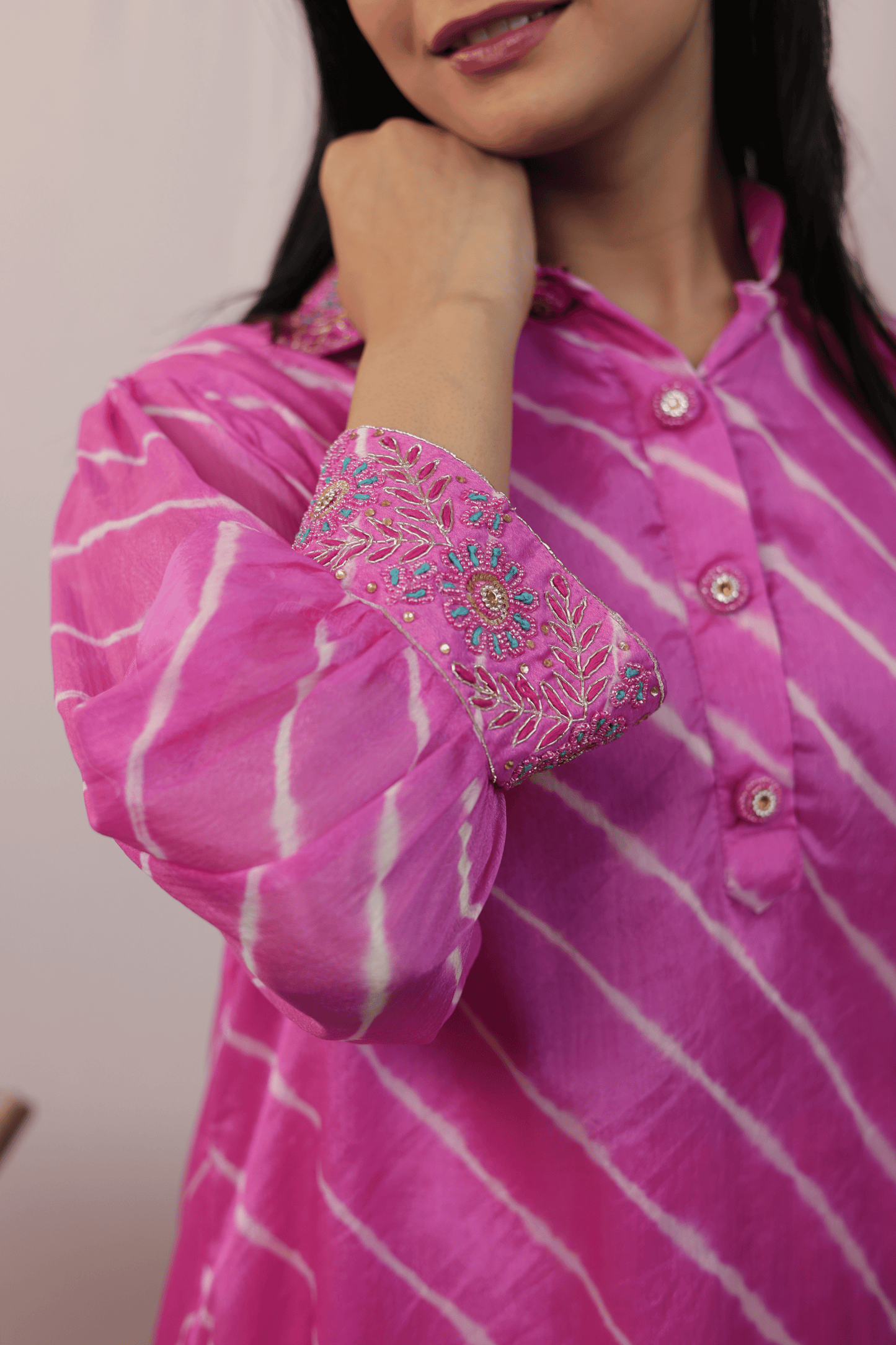 Hand embroidered pink leheriya Jaipuri Co-ord set