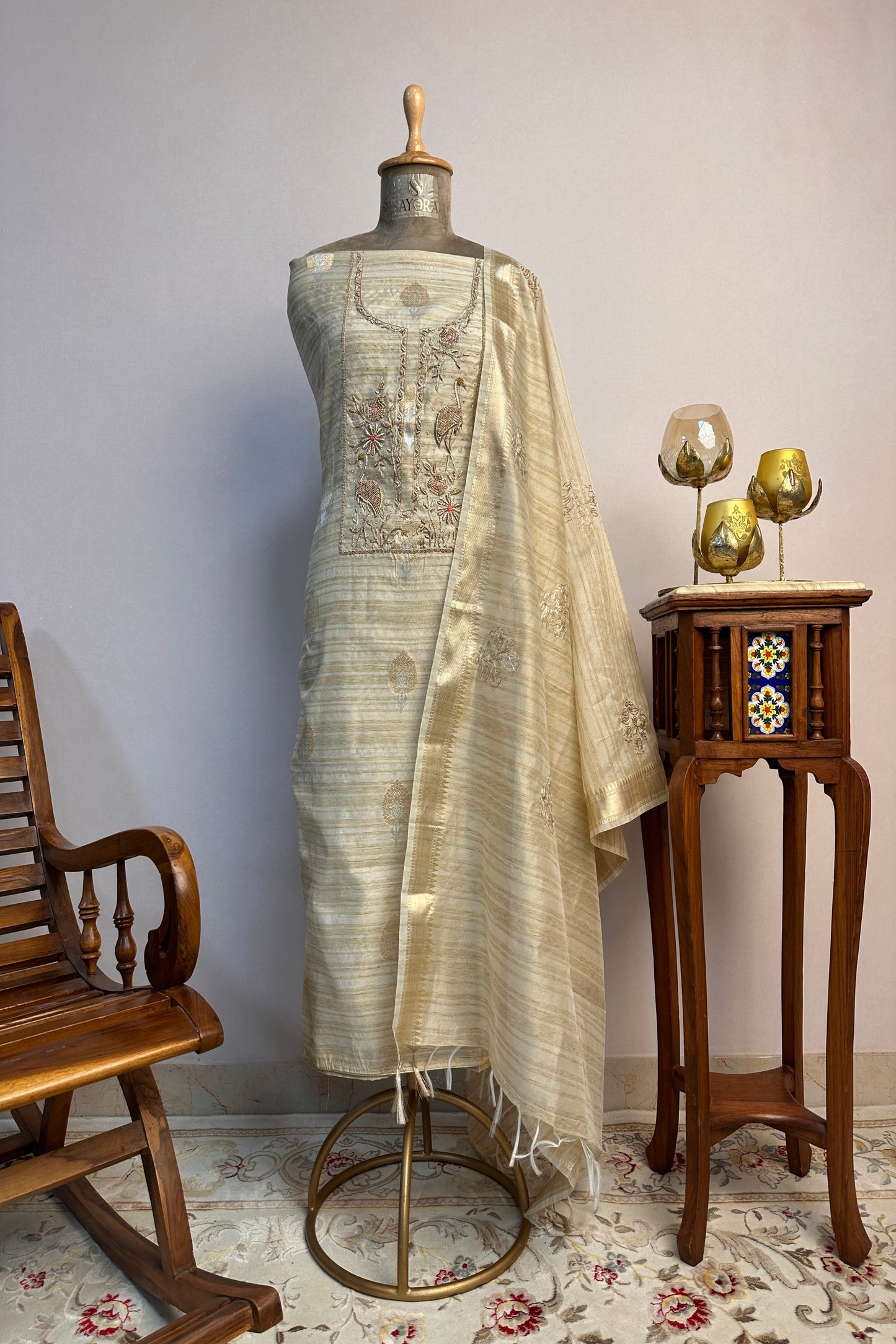 Flamingo Tussar Zardozi Hand Embroidered Unstitched Suit Set