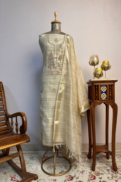 Flamingo Tussar Zardozi Hand Embroidered Unstitched Suit Set