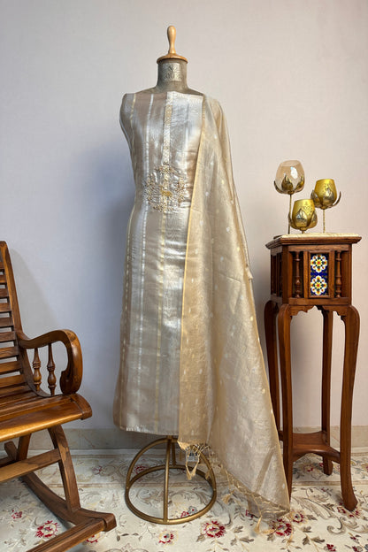 Banarasi Tissue Golden Dear Hand Embroidered Unstitched Suit Set