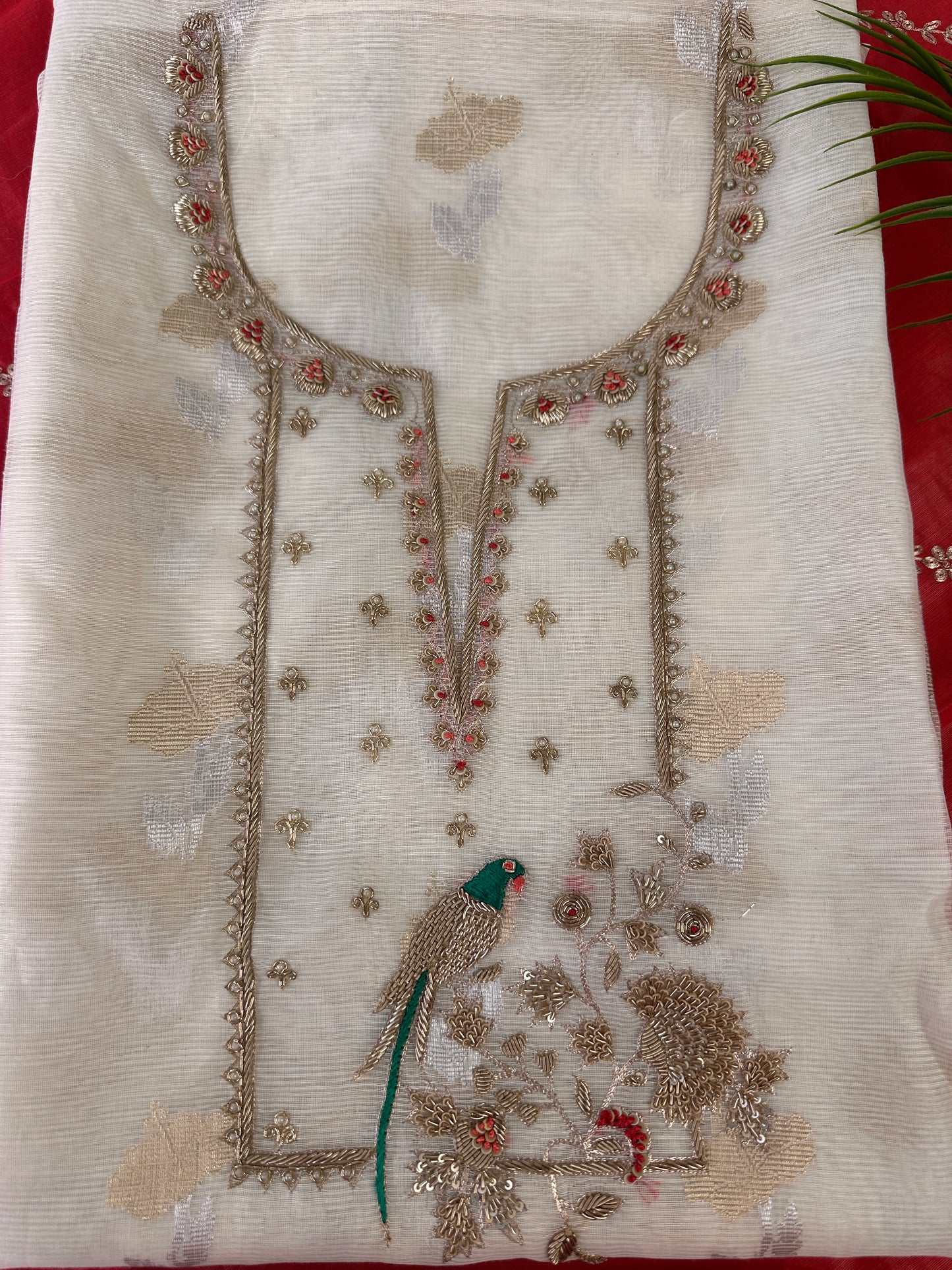 Banarasi Weaved Off-White Zardozi Special Parrot Motif Unstitched Suit Set